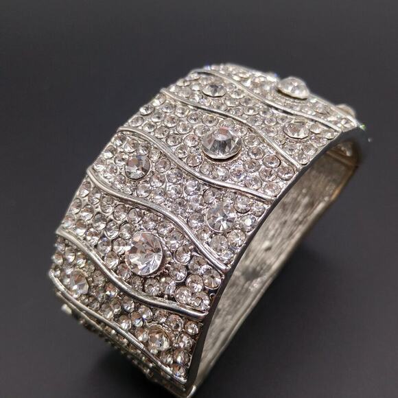 Wide Clear Rhinestone Cuff Hinged Bracelet, Silver Tone, 7 1/2 Inches - Picture 4 of 8